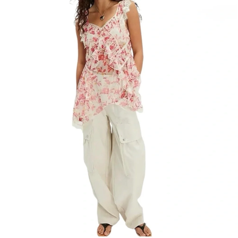 Free People Ivie Tunic Sheer Lace Ruffle Floral Pink XL NWT - Picture 1 of 5